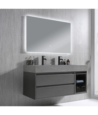 Meuble salle de bain double vasque 120cm gris et effet marbre gris avec miroir LED LB-8512G