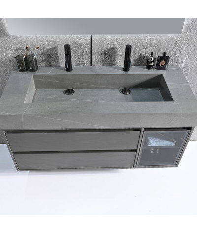 Meuble salle de bain double vasque 120cm gris et effet marbre gris avec miroir LED LB-8512G