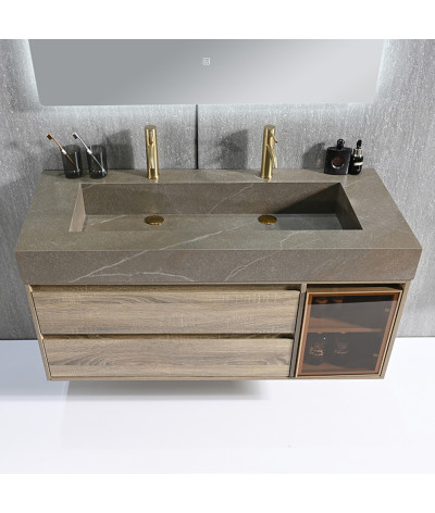 Meuble salle de bain double vasque 120cm bois et effet marbre marron avec miroir LED LB-8512M