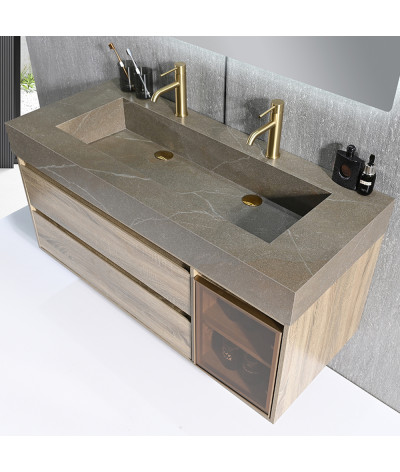 Meuble salle de bain double vasque 120cm bois et effet marbre marron avec miroir LED LB-8512M