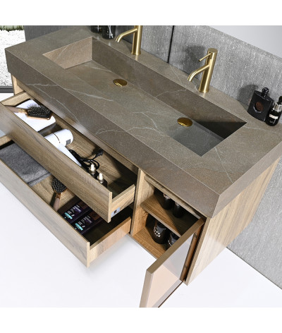 Meuble salle de bain double vasque 120cm bois et effet marbre marron avec miroir LED LB-8512M