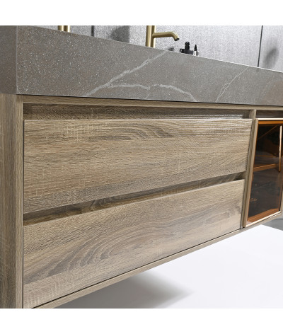 Meuble salle de bain double vasque 120cm bois et effet marbre marron avec miroir LED LB-8512M