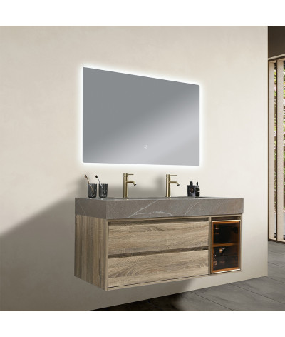 Meuble salle de bain double vasque 120cm bois et effet marbre marron avec miroir LED LB-8512M