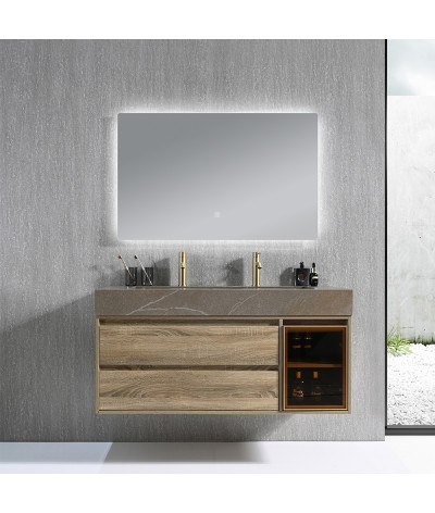 Meuble salle de bain double vasque 120cm bois et effet marbre marron avec miroir LED LB-8512M