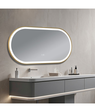 Miroir salle de bain LED ovale anti buée avec cadre en aluminium doré LB-4671G