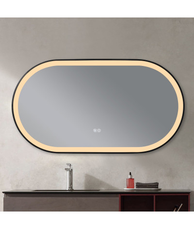 Miroir salle de bain LED ovale anti buée avec cadre en aluminium noir