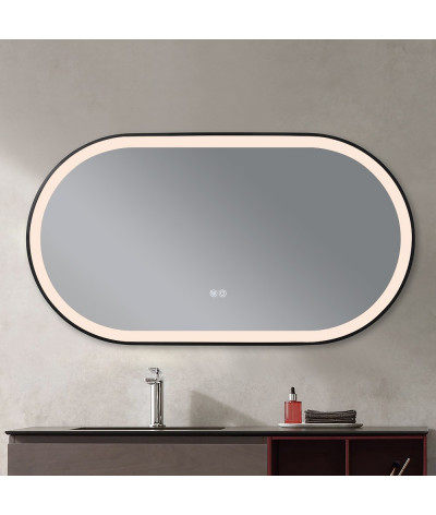 Miroir salle de bain LED ovale anti buée avec cadre en aluminium noir