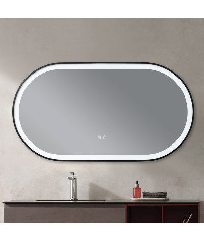 Miroir salle de bain LED ovale anti buée avec cadre en aluminium noir