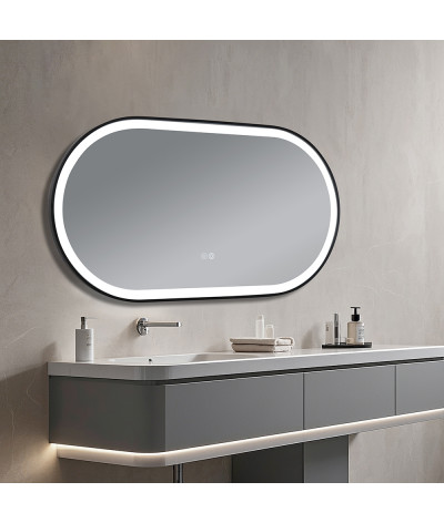 Miroir salle de bain LED ovale anti buée avec cadre en aluminium noir