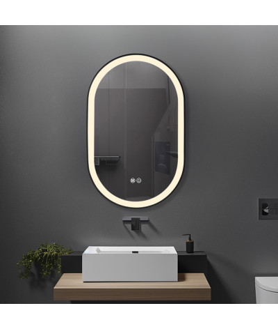 Miroir salle de bain LED ovale anti buée avec cadre en aluminium noir