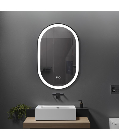 Miroir salle de bain LED ovale anti buée avec cadre en aluminium noir