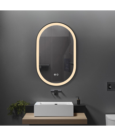 Miroir salle de bain LED ovale anti buée avec cadre en aluminium noir