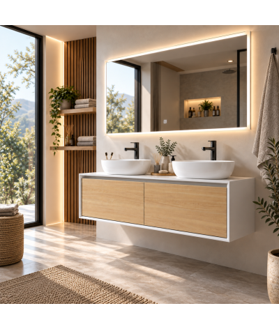 Meuble salle de bain double vasque chêne clair et blanc avec miroir LED LB-5072
