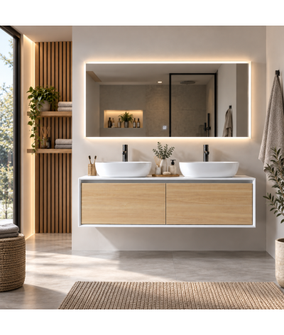 Meuble salle de bain double vasque chêne clair et blanc avec miroir LED LB-5072