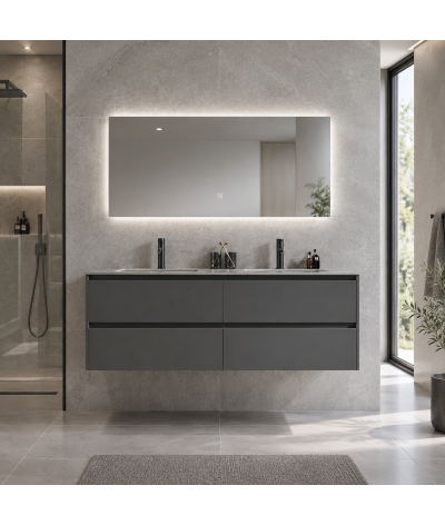 Meuble salle de bain double vasque gris et effet marbre gris avec miroir LED LB-8475G