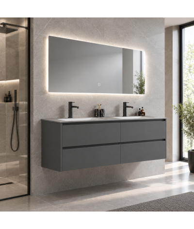 Meuble salle de bain double vasque gris et effet marbre gris avec miroir LED LB-8475G
