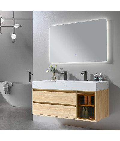 Meuble salle de bain double vasque bois et effet marbre blanc avec miroir LED LB-8512
