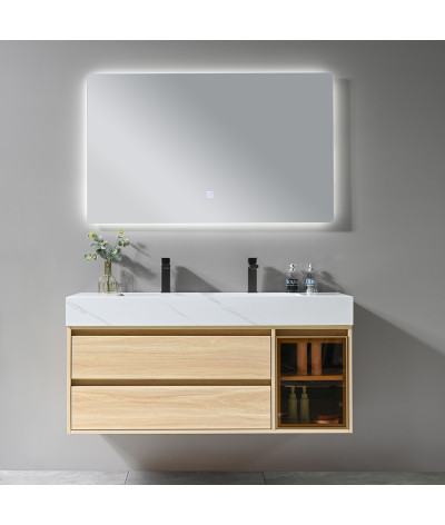 Meuble salle de bain double vasque bois et effet marbre blanc avec miroir LED LB-8512