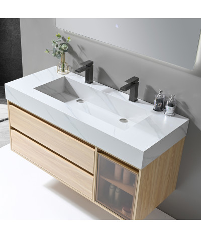 Meuble salle de bain double vasque bois et effet marbre blanc avec miroir LED LB-8512