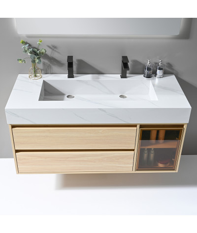 Meuble salle de bain double vasque bois et effet marbre blanc avec miroir LED LB-8512