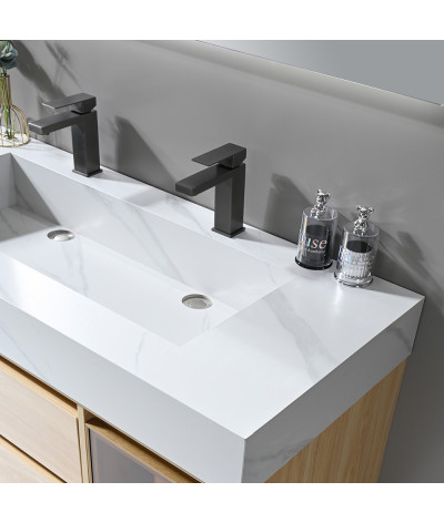 Meuble salle de bain double vasque bois et effet marbre blanc avec miroir LED LB-8512