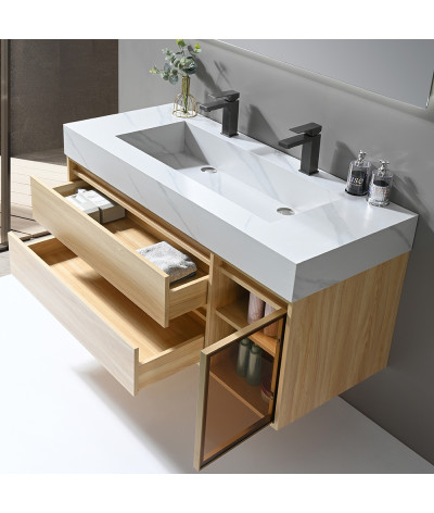 Meuble salle de bain double vasque bois et effet marbre blanc avec miroir LED LB-8512
