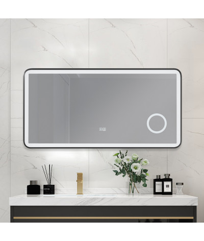 Miroir salle de bain LED anti buée avec cadre en aluminium noir et loupe x3 LB-4685B