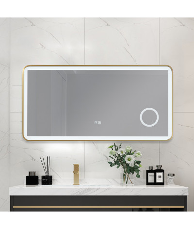 Miroir salle de bain LED anti buée avec cadre en aluminium doré et loupe x3 LB-4685G