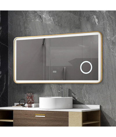Miroir salle de bain LED anti buée avec cadre en aluminium doré et loupe x3 LB-4685G