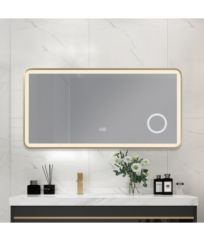 Miroir salle de bain LED anti buée avec cadre en aluminium doré et loupe x3 LB-4685G