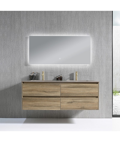 Meuble salle de bain double vasque bois et effet marbre marron avec miroir LED LB-8475M