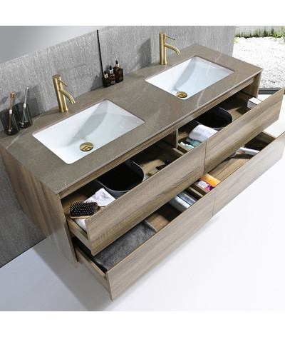 Meuble salle de bain double vasque bois et effet marbre marron avec miroir LED LB-8475M