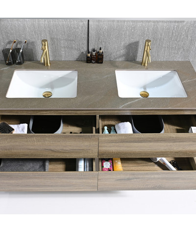 Meuble salle de bain double vasque bois et effet marbre marron avec miroir LED LB-8475M